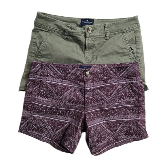 American Eagle Outfitters Pants - American Eagle Women's Stretch Midi Shorts 4 Green Red Lot Of 2
